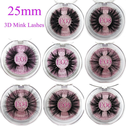 25mm False Eyelashes Wholesale Thick Strip 25mm 3D Mink Lashes Custom Packaging Label Makeup Dramatic Long Mink Lashes